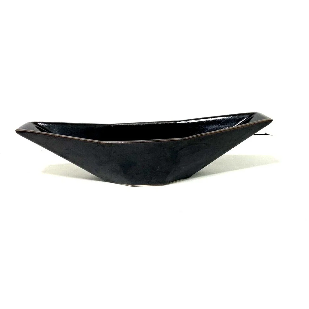 Yamasan Ikebana Pottery Planter Vase Black Glazed Skinny Octagonal Japan Marked